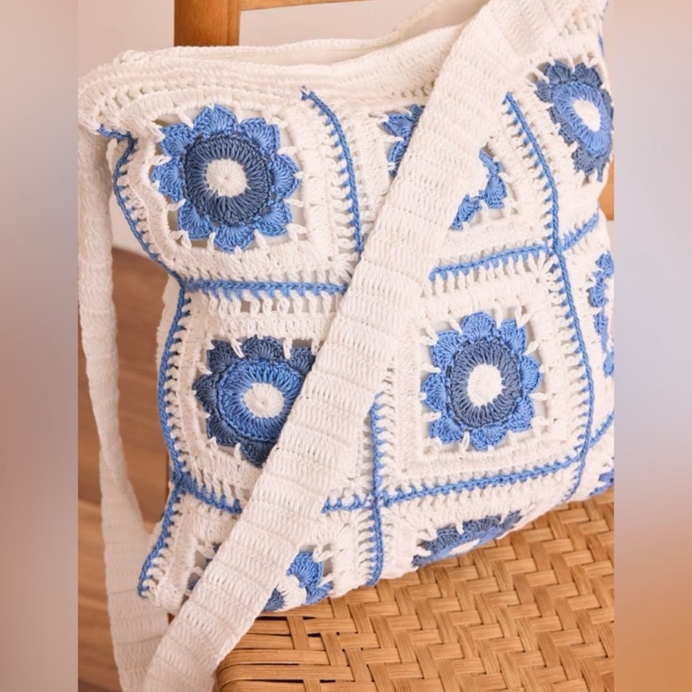 NWT Altar'd State Coastal Crochet Tote Bag Floral Pattern Bag in Blue and White